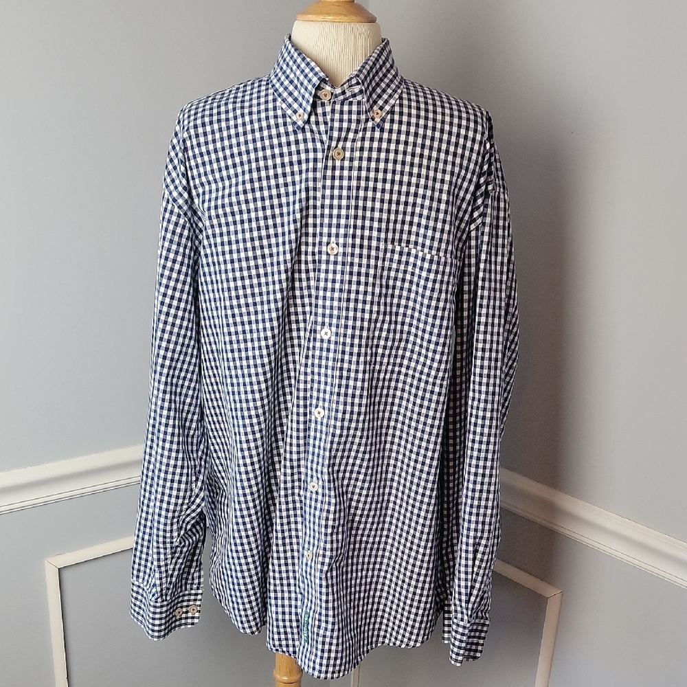 ORVIS Navy Blue White Gingham Plaid Preppy Office Button Down‎ Long Sleeve Shirt